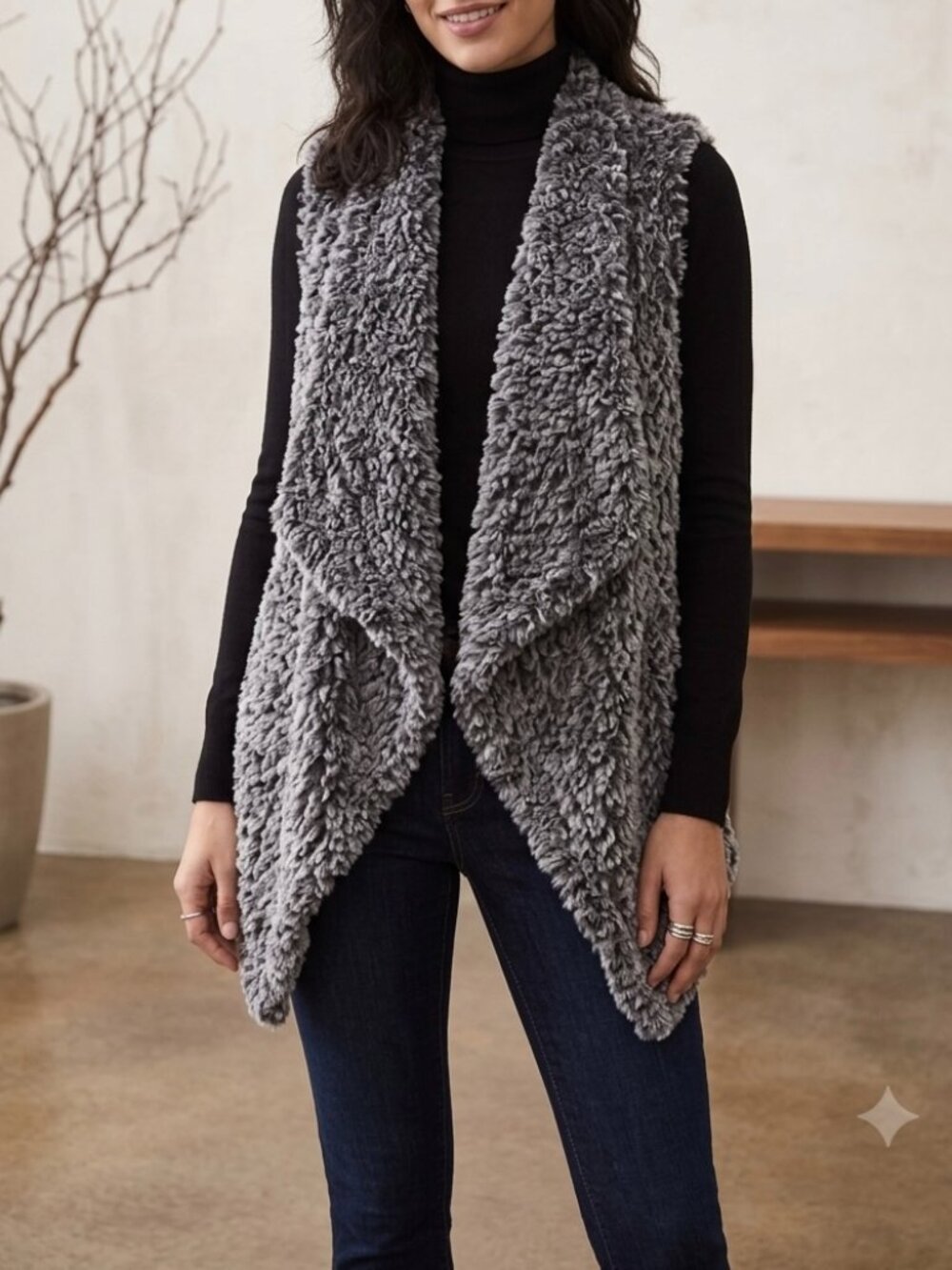 Stella + Lorenzo Gray Faux Fur Waterfall Drape Open Vest Pointed Hem Boho Y2K